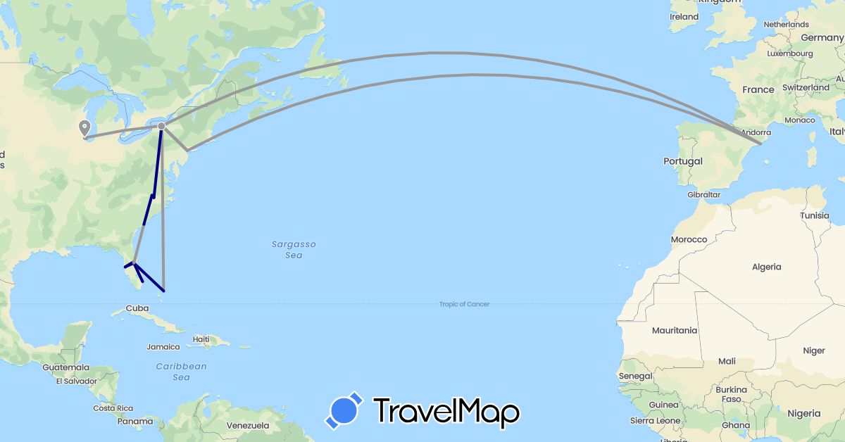 TravelMap itinerary: driving, plane in Bahamas, Spain, United States (Europe, North America)