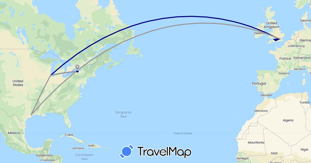 TravelMap itinerary: driving, plane, train, hiking in United Kingdom, United States (Europe, North America)